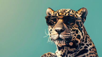 A close up of a jaguar wearing sunglasses, looking straight ahead.