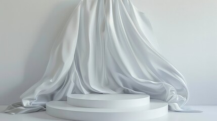 Wall Mural - Minimalist product display with white fabric drape and podium.