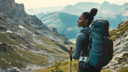 a black woman wearing hiking gear, confidently trekking up a mountain trail with a breathtaking view