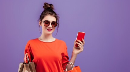 Wall Mural - Young woman in sunglasses and shopping bags, using mobile phone for orders, purple background, copy space for advertising.