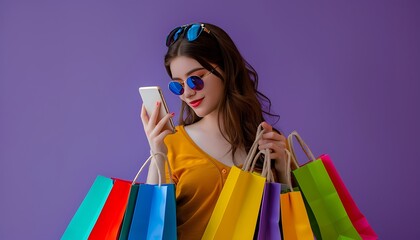 Wall Mural - Young woman in sunglasses, colorful shopping bags, using phone for online shopping, purple backdrop, copy space for ad.