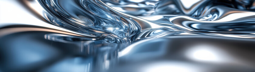 Wall Mural - Abstract close-up of reflective liquid metal, showcasing smooth, flowing forms and intricate textures, ideal for modern designs and futuristic concepts.