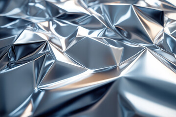 Wall Mural - close-up image of a crumpled, reflective silver surface with intricate folds creating an abstract, m