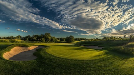 Wall Mural - Golf Course Landscape with Sand Trap and Blue Sky