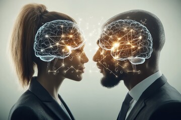 Poster - Connected Brains A Couple with Neural Network Brain Illustrations Depicting the Power of Cognitive Collaboration and Thought Synchronization