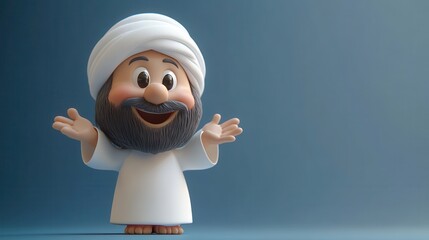 3D cartoon render of an Arab man with a beard wearing traditional white clothes, hands up in a pose of comparison or doubt, looking at the camera. Isolated business clip art on a blue background.