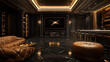 © 沈军 贡 - Elegant and luxurious private cinema room with dark brown leather seating,