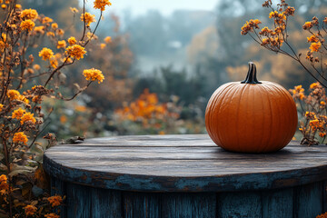 Wall Mural - Halloween or thanksgiving mockup with empty wooden podium, pumpkin, and modern background for design and product display. Ideal for seasonal marketing and festive decoration.