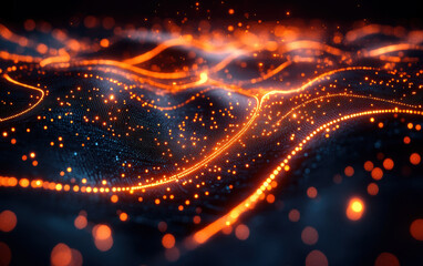 Wall Mural - A captivating abstract image showcasing a glowing digital wave of interconnected orange particles, illustrating futuristic technology concepts.