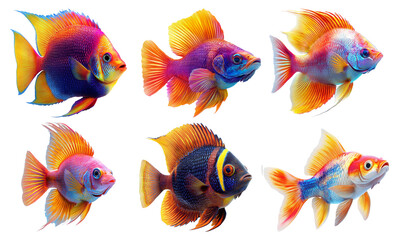 Collection of vibrant tropical fish swimming isolated on transparent background