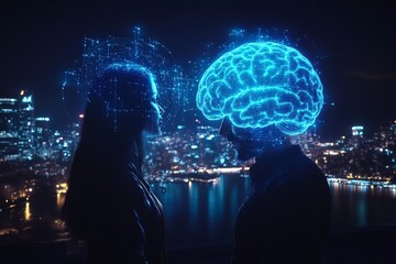 Poster - Neon City Minds Silhouettes with Glowing Brain Illustrations in a Cityscape Representing the Fusion of Urban Life and Cognitive Energy