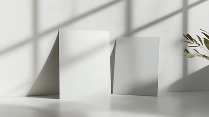 Wall Mural - Two Blank White Cards Standing Up on a White Surface with Sunlight and Shadows