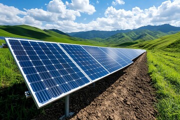 Fototapete - Clean energy engineering is showcased in a realistic photo of a solar farm with rows of solar panels set against a backdrop of rolling hills