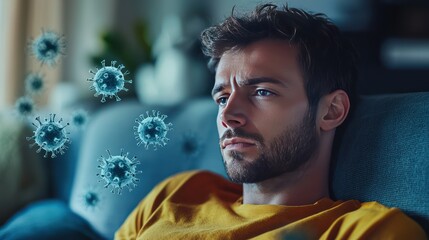 Man with strong immunity surrounded by viruses at home