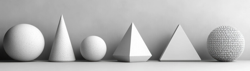 Wall Mural - a monochrome arrangement of various geometric shapes including spheres, cones, and pyramids displaye