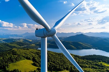 Fototapete - Clean energy performance optimization is depicted in a minimalist design focusing on the streamlined operation of a wind turbine