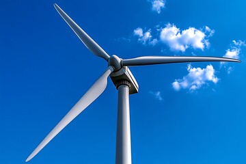 Clean energy output optimization is depicted in a minimalist design focusing on the efficiency of a wind turbine against a clear blue sky