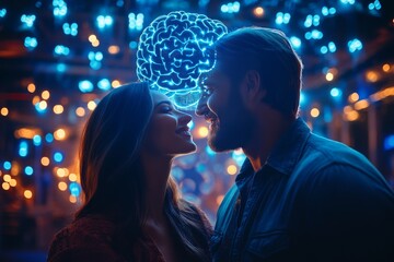 Wall Mural - Starry Brain Connection A Couple with Glowing Brain Illustrations Under a Starry Sky Representing Cosmic Thought and Emotional Bonding