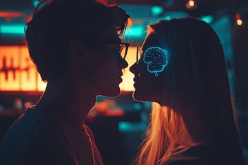 Poster - Neon Thoughts A Couple with Glowing Brain Illustrations in a Dimly Lit Environment Representing Cognitive Connection and Emotional Intensity