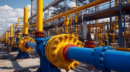 A row of blue pipes with valves on top. The valves are open and the pipes are connected to a large pipe