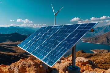 Fototapete - Eco-friendly clean energy is depicted in a minimalist design focusing on a sleek solar panel array against a neutral background, emphasizing carbon neutrality