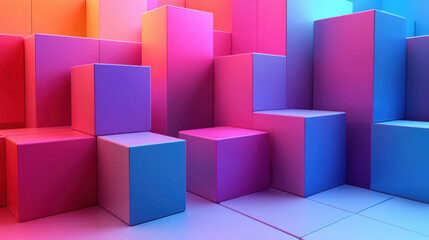 Wall Mural - Vibrant 3D abstract background with colorful geometric shapes and cubes illuminated by soft lighting, creating a dynamic and modern visual effect.