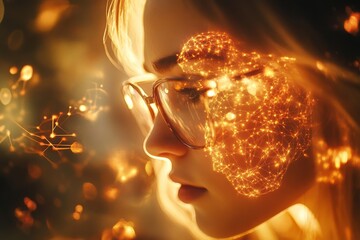 Canvas Print - Illuminated Knowledge Woman with Glasses and Glowing Brain Patterns Representing Enlightenment and Intellectual Growth