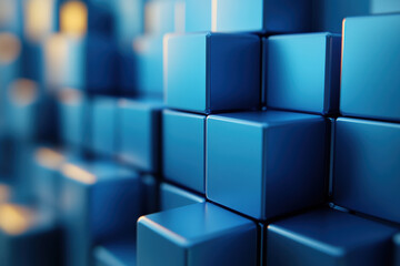 Wall Mural - close-up view of blue cubes with a soft-focus effect, creating a modern and abstract geometric backg