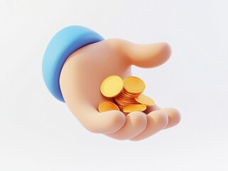 Wall Mural - 3D cartoon hand holding gold coins against a white background 