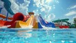 © sablengjago - Water park water slide ending in pool with blue sky and white clouds.