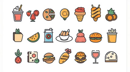 Wall Mural - Vector food icons, colorful culinary illustrations, 