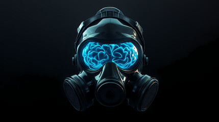 Cyberpunk futuristic gas mask with glowing blue brain on a black background. Symmetrical. Illustration