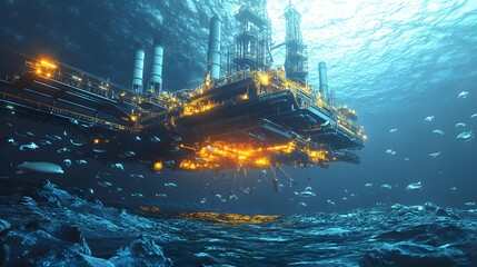 A man in a yellow jacket is looking at a tablet while standing in front of a large oil rig