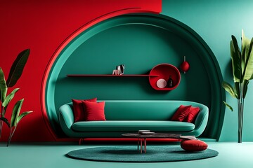 Aufkleber - Mint color interior design with modern and minimalist decor, depicted in an artwork where a living room features mint-colored walls, modern furniture, and soft lighting, creating a serene and