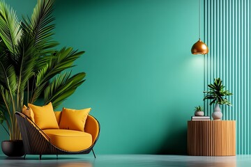 Aufkleber - Mint color interior design with modern and minimalist decor, depicted in an artwork where a living room features mint-colored walls, modern furniture, and soft lighting, creating a serene and