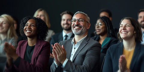 Wall Mural - Multi ethnic group of business people clapping and smiling at a conference, generative AI