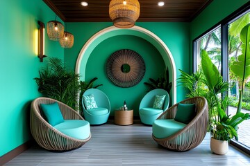 Mint color wellness space with calming decor and natural elements, depicted in an artwork where a wellness space is decorated with mint-colored accents, natural materials, and soft lighting,