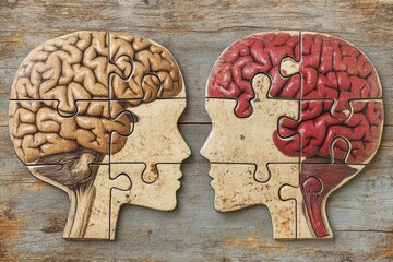 Poster - Interconnected Human Heads with Puzzle Piece Brain Symbolizing Collaborative Thinking Teamwork and Intellectual Symbiosis in a Realistic Wooden Finish