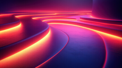 Wall Mural - Futuristic neon glowing pathways in a dark room, showcasing vibrant and abstract digital scenery with curved lines and vivid colors.