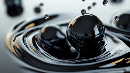 Wall Mural - abstract close-up of reflective black spheres creating ripples on a glossy surface, showcasing dynam