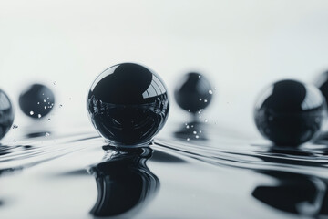 Wall Mural - abstract image of black spheres on a reflective liquid surface, creating a surreal and modern visual