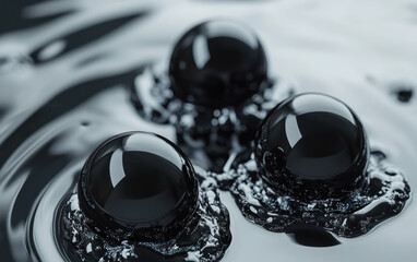 Wall Mural - three black, glossy spheres floating on a reflective, ink-like surface with intricate ripple pattern