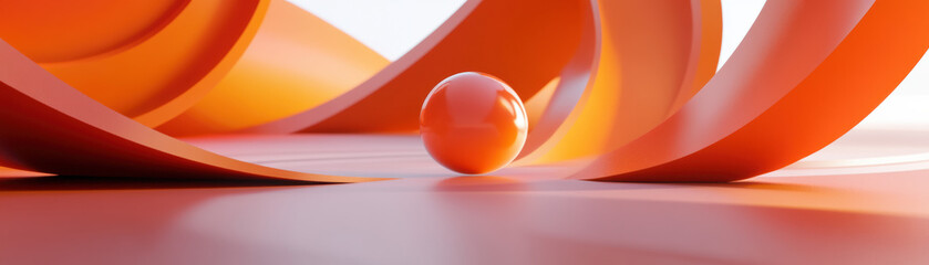 Wall Mural - abstract with vibrant orange ribbons curving around a glossy orange sphere on a smooth surface, crea