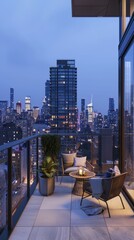 Wall Mural - A balcony with comfortable chairs, small side tables and potted plants is located on the top floor of an apartment building in a high-rise residential area at night