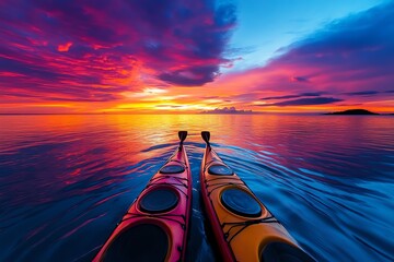 Romantic couple getaway with a sunset kayak trip, captured in a photo where a couple kayaks through calm waters at sunset, with the sky painted in hues of pink, orange, and purple, and the water