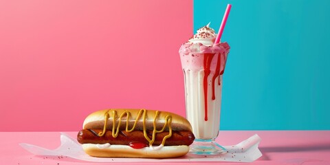 Poster - Classic sausage in a bun with a creamy beverage