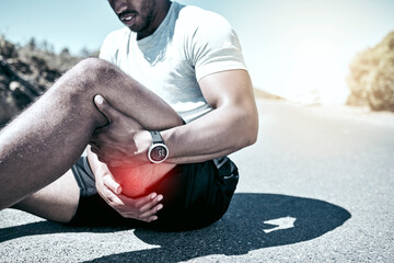 Poster - Hamstring pain, hands and person with injury on road after training accident, cramp or exercise risk. Legs, fitness and runner with muscle inflammation, thigh massage or problem with red glow outdoor