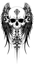 Wall Mural - Tribal Skull and Wings Tattoo symmetry very simple traditional tattoo flash styles illustration