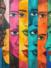 Aufkleber - A striking mural showcases diverse faces separated by a colorful barrier, highlighting themes of division and individuality. Generative AI