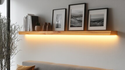 Wooden wall shelf with LED strip lighting, showcasing framed photographs and art pieces in a living room setting.